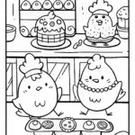 Chickens in a Cozy Bakery Coloring Page