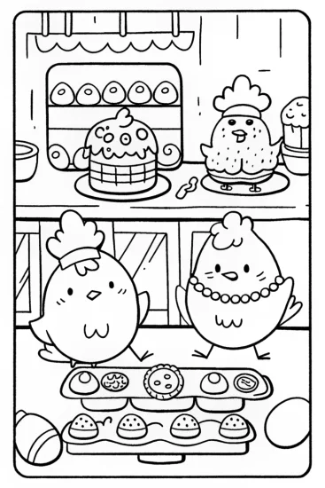 A coloring page of Chickens in a Cozy Bakery Coloring Page