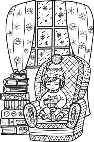A coloring page of The Magical Christmas Book Nook Coloring Page