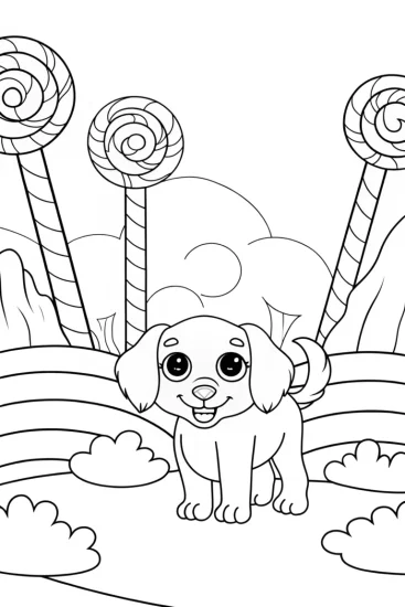 A coloring page of Puppy Adventuring in Candy Land Coloring Page