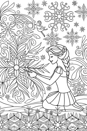 A coloring page of Elsa tending to her magical ice garden