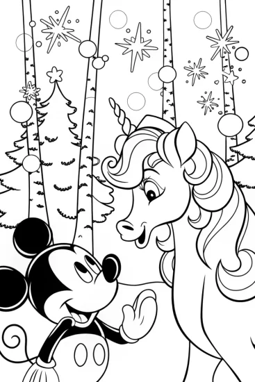 A coloring page of Mickey Mouse and the Unicorn’s Whimsical Forest