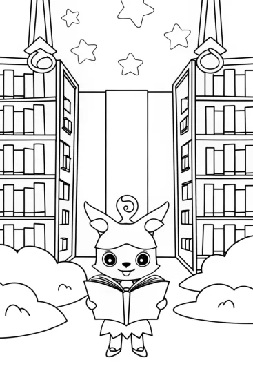 A coloring page of Kuromi’s Enchanted Library Adventure Coloring Page