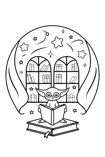 A coloring page of Baby Yoda’s Galactic Library Adventure Coloring Page
