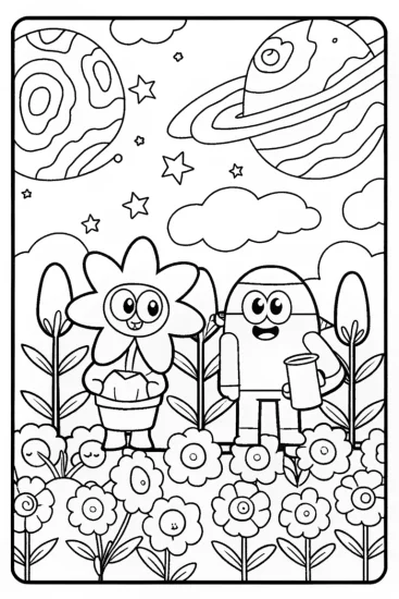 A coloring page of Bluey and Bingo’s Cosmic Garden Quest Coloring Page