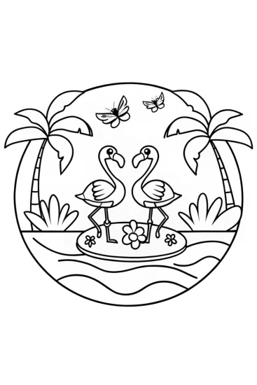A coloring page of Flamingo Fashion Show on a Floating Isle