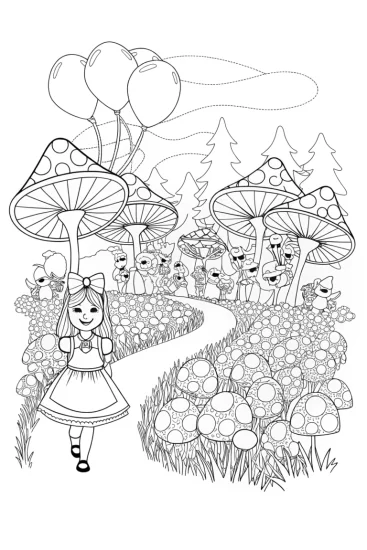 A coloring page of Alice’s Whimsical Wonderland Parade Coloring Page