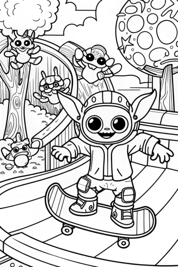A coloring page of Baby Yoda’s Starry Skate Park Coloring Page