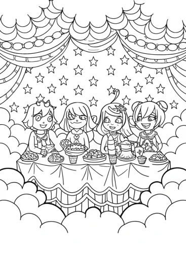 A coloring page of Celestial Tea Party Coloring Page
