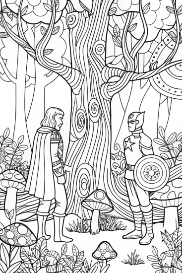 A coloring page of Thor and Captain America in the Enchanted Forest