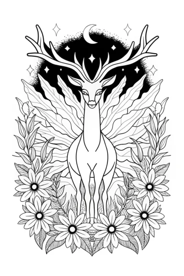 A coloring page of Xerneas in the Celestial Forest Coloring Page