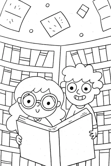 A coloring page of Anime Adventure in the Library of Dreams Coloring Page