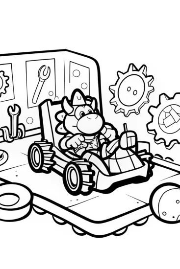 A coloring page of Bowser’s Grand Kart Workshop Coloring Page