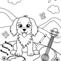 The Puppy in the Music Garden Coloring Page
