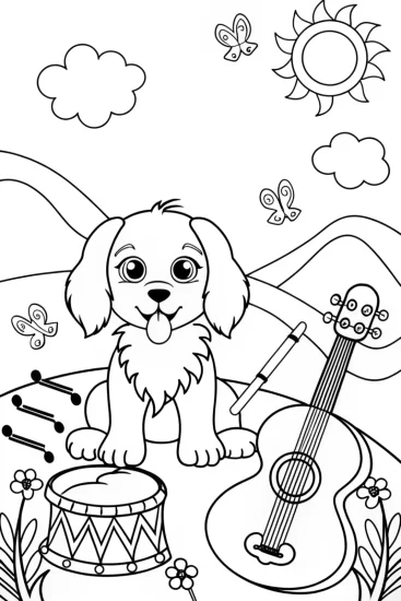A coloring page of The Puppy in the Music Garden Coloring Page