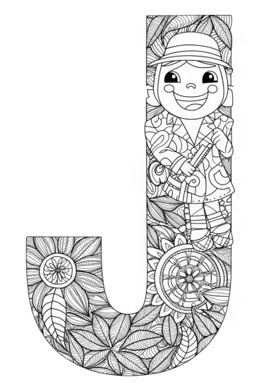 A coloring page of Giggling Jungle Explorer ‘J’ Coloring Page