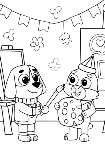A coloring page of Bluey’s Rainbow Art Studio Coloring Page