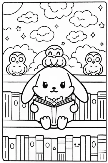 A coloring page of Cinnamoroll’s Enchanted Library Coloring Page