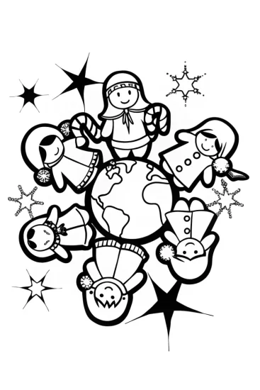 A coloring page of festive holiday celebrations worldwide coloring page