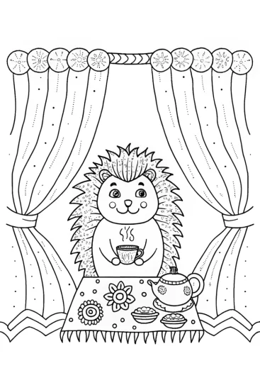 A coloring page of The Cozy Hedgehog and His Warm Tea