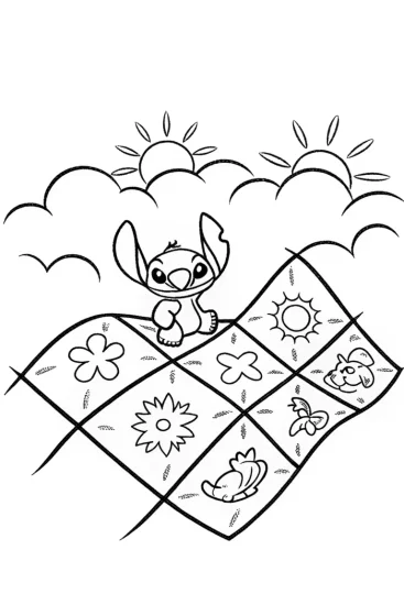 A coloring page of Stitch’s whimsical quilt journey coloring page