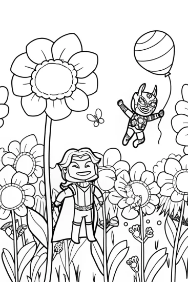 A coloring page of Avengers in a Magical Flower Field Coloring Page