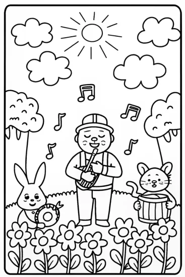 A coloring page of Blippi’s Magical Music Garden Coloring Page