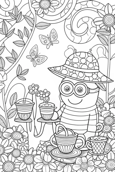 A coloring page of Minion’s Garden Tea Party Coloring Page