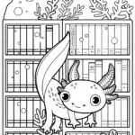 Axolotl Adventurer in the Underwater Library Coloring Page