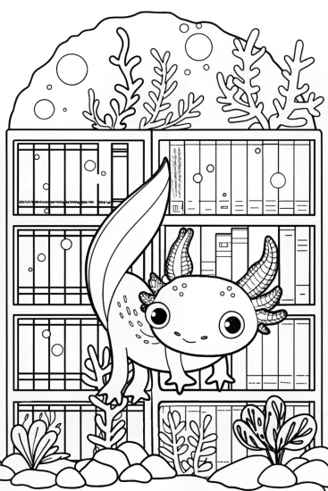 A coloring page of Axolotl Adventurer in the Underwater Library Coloring Page