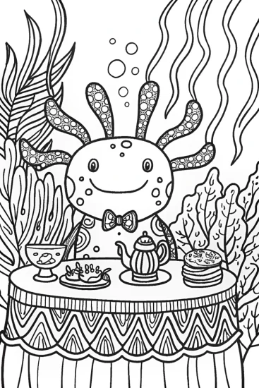 A coloring page of The Axolotl Tea Time Adventure Coloring Page