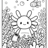 Axolotl Gardener in a Coral Oasis Coloring Page