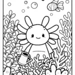 Axolotl Gardener in a Coral Oasis Coloring Page