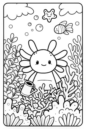 A coloring page of Axolotl Gardener in a Coral Oasis Coloring Page