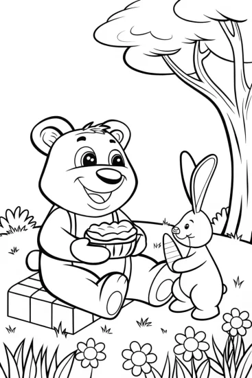 A coloring page of Whimsical Woodland Picnic Coloring Page