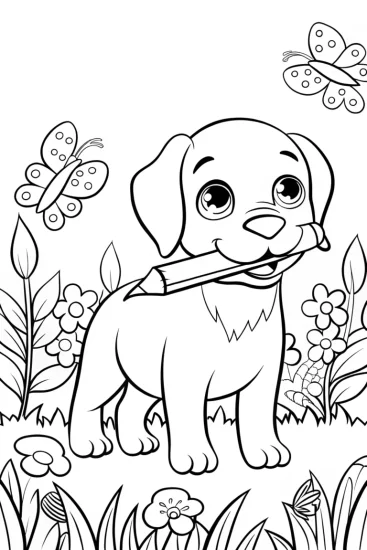 A coloring page of Puppy Painter in the Garden Coloring Page