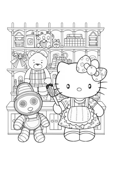 A coloring page of Hello Kitty’s Magical Toy Workshop Coloring Page