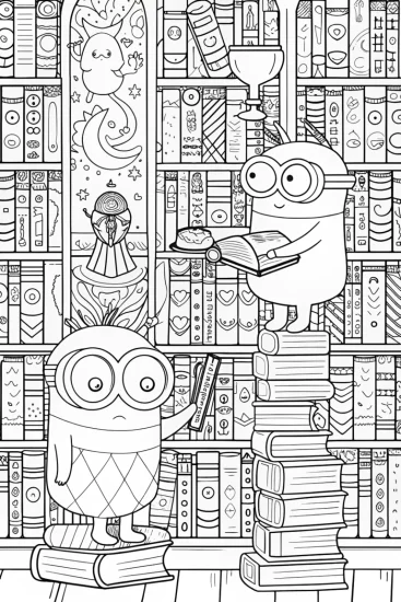 A coloring page of Minions in the Enchanted Library Coloring Page