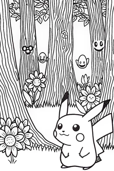 A coloring page of Pikachu’s Enchanted Forest Adventure Coloring Page