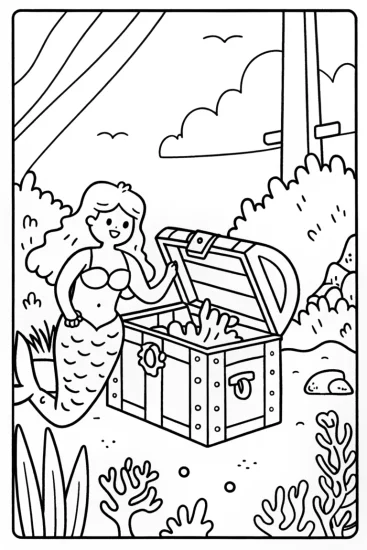 A coloring page of Mermaid’s Underwater Time Capsule Discovery Coloring Page