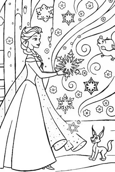 A coloring page of Elsa in her magical frost garden
