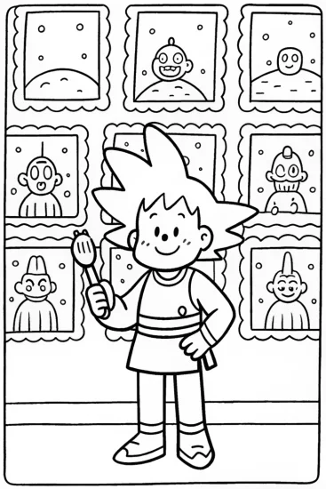 A coloring page of Goku’s Cosmic Art Gallery Coloring Page