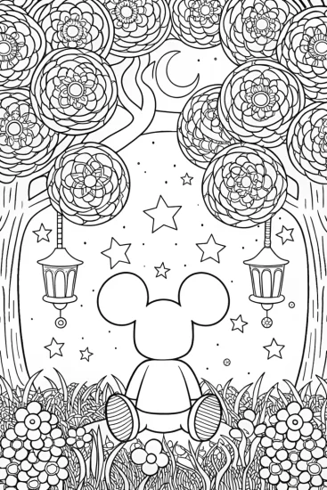 A coloring page of Mickey Mouse’s Magical Starry Night Coloring Page