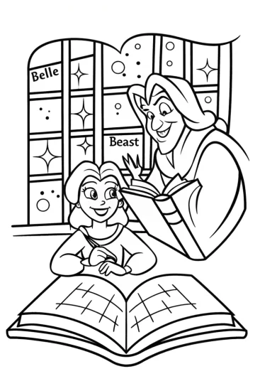 A coloring page of Belle and Beast Magical Story Coloring Page
