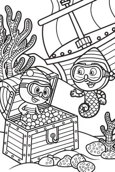 A coloring page of Bluey and Bingo’s Underwater Treasure Dive Coloring Page