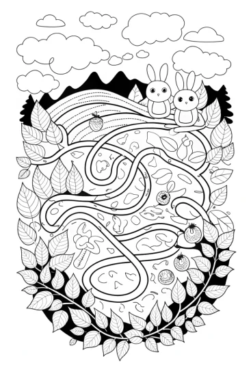 A coloring page of Autumn Adventures in a Woodland Maze Coloring Page
