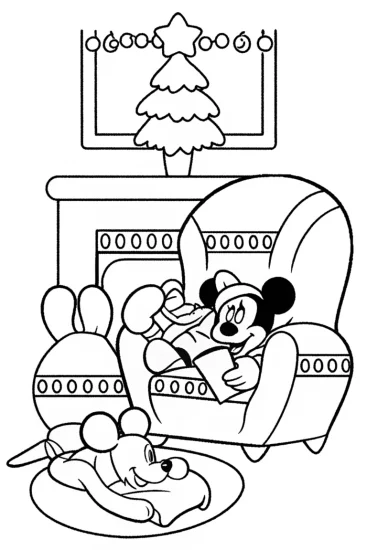 A coloring page of Mickey Mouse Christmas Reading Coloring Page