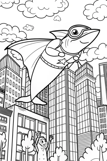 A coloring page of Superhero Shark Soaring City