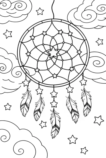 A coloring page of Starry Dream Catcher Coloring Page