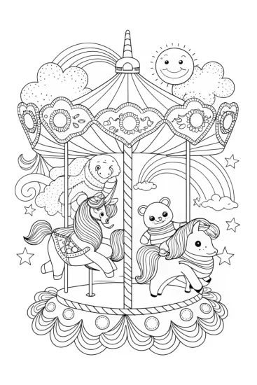 A coloring page of Rainbow Friends on a Colorful Carousel